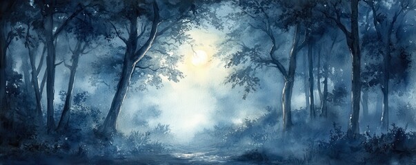 Obraz premium Mysterious forest landscape featuring ethereal lights and shadows under a moonlit sky, evoking a sense of peace and wonder.