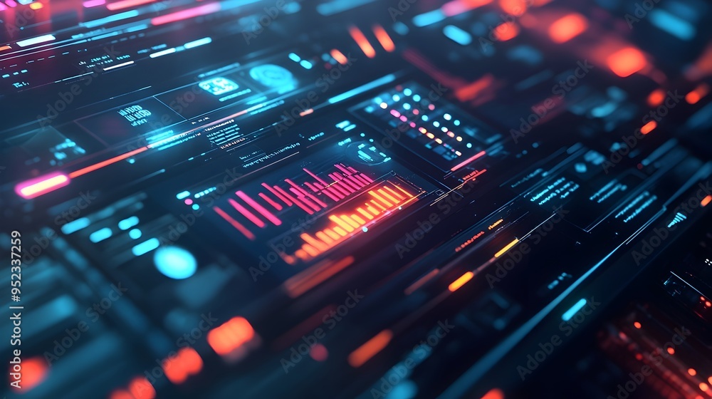 Poster fintech data analytics platform holographic interfaces and vibrant afrofuturistic visuals