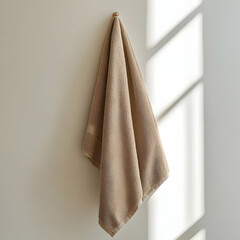 A soft, beige towel hanging elegantly on a wall, illuminated by natural light, perfect for home or bathroom decor.