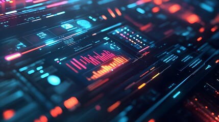 Fototapeta premium Fintech Data Analytics Platform Holographic Interfaces and Vibrant Afrofuturistic Visuals