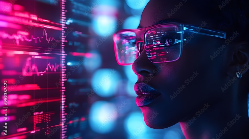 Poster fintech data analytics platform with vibrant holographic interfaces and afrofuturistic aesthetics