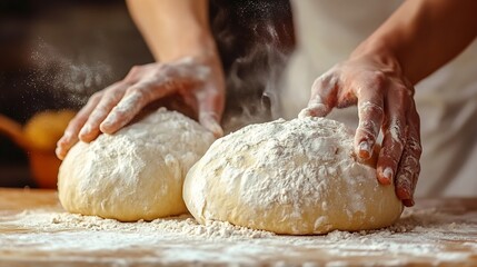 Fototapeta premium Professional baker hands kneading dough while preparing bread loaves in the early morning Woman hands preparing bread loaf while cooking homemade in kitchen Mixing and kneading wheat f : Generative AI