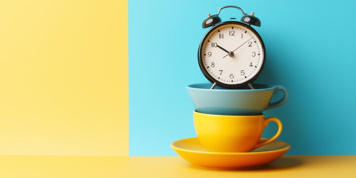 A clock is on top of three cups. The clock is showing the time as 10:30