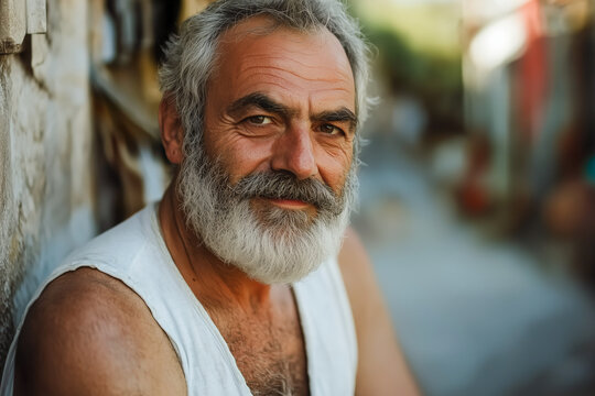 Fototapeta Authentic street portrait of a 50-year-old Greek or Balkan man with a beard, captured in a rural countryside setting