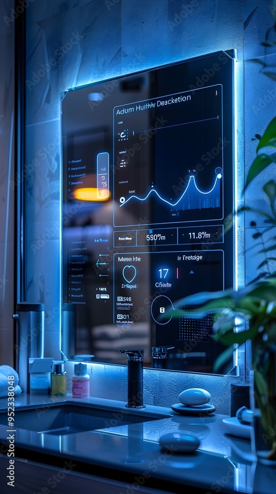 Poster personalized health dashboard on smart mirror integrating digital wellness into daily routines