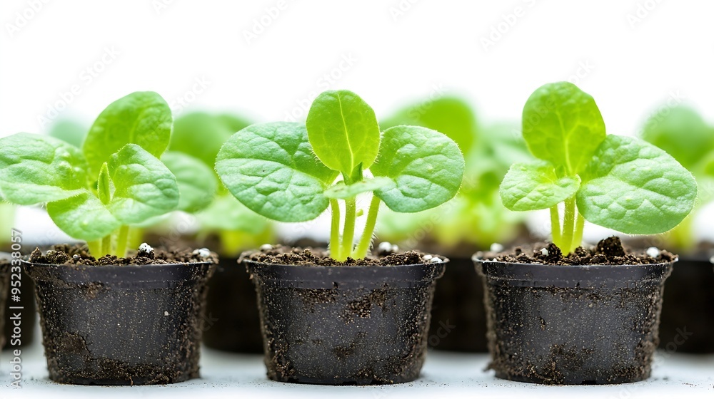 Poster young seedlings of cucumber in pot isolated on a white background green seedling of fresh cucumber p