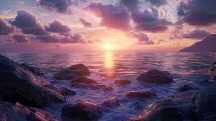 Stunning sunset over rocky beach with vibrant sky colors reflecting on calm waters