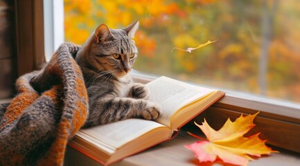 Naklejka na ściany i meble Cute fluffy cat with a book and a blanket on the windowsill, autumn leaves in the background outside the window, home comfort concept, 3D rendering.