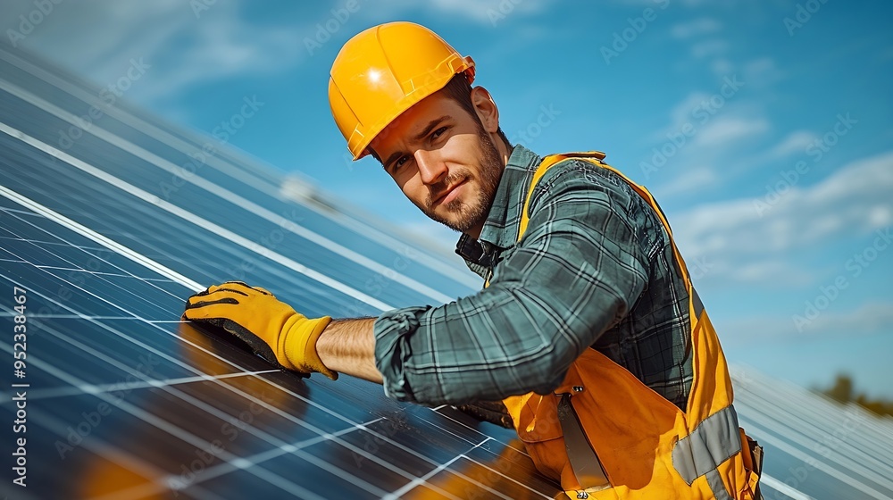Poster worker installs solar panels worker installs solar panels at a solar farm field : generative ai