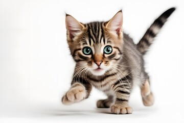 Fototapeta premium A playful tabby kitten with big curious eyes and a striped coat pouncing on a white background, Ai Generated