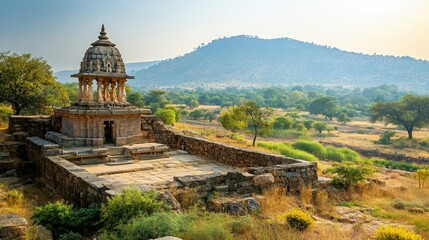 Peaceful landscape with Jain pilgrimage site and clear sky, no people, ample copy space