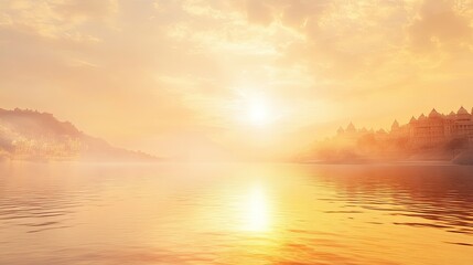 Sacred Ganges River flowing with space for text in the sky or water. Holy river in Hinduism.