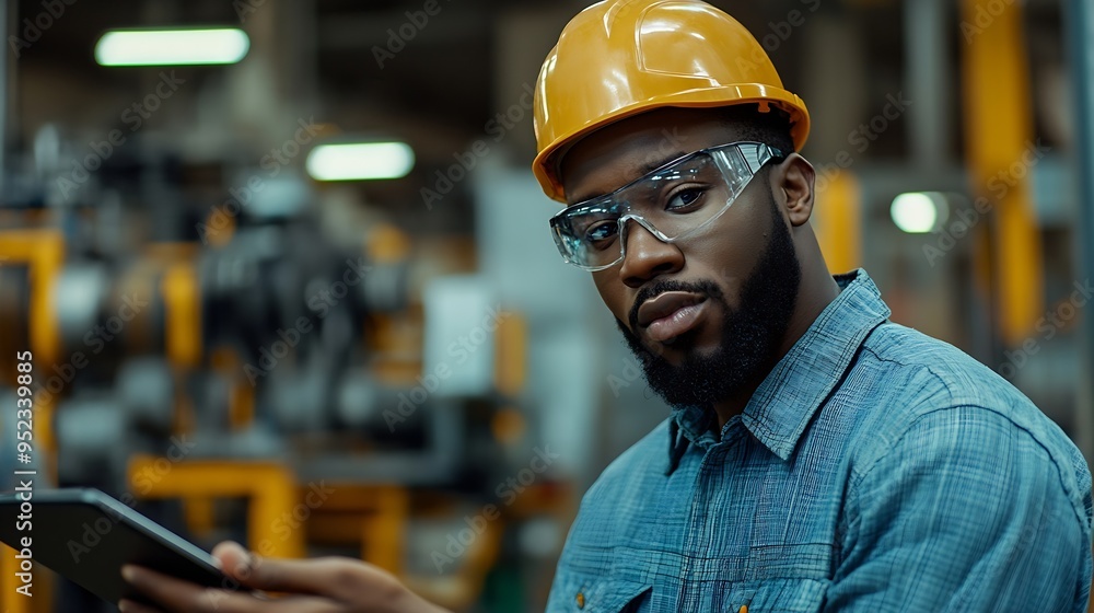 Poster Expert African Americans are skilled in factory maintenance engineers Mechanical engineering using a tablet to discuss the factorys black background mechanical work : Generative AI