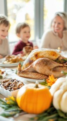 A family enjoys a Thanksgiving feast, complete with a golden turkey and delicious side dishes