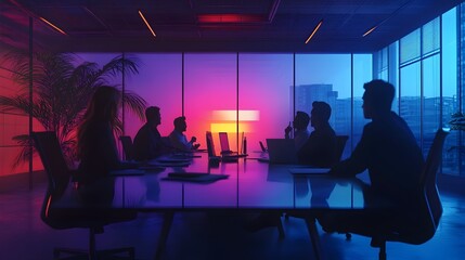 Determined Fintech Entrepreneurs Brainstorming Around a Sleek Conference Table in a Modern Office Space