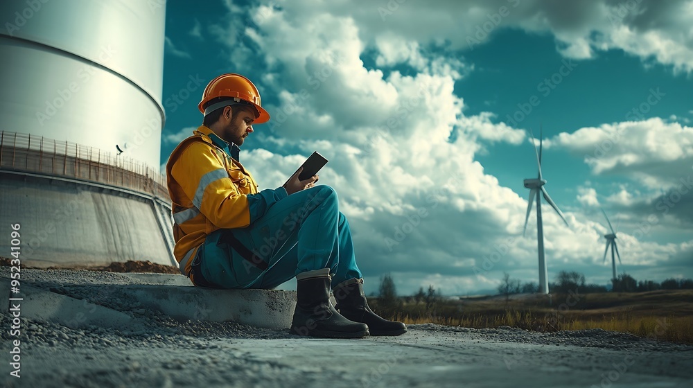 Poster wind turbine service engineer sit on concrete foundation check tablet plan for maintenance turbine :