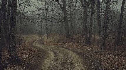 Desolate forest landscape with leafless trees and a winding dirt road evoking a sense of bleakness