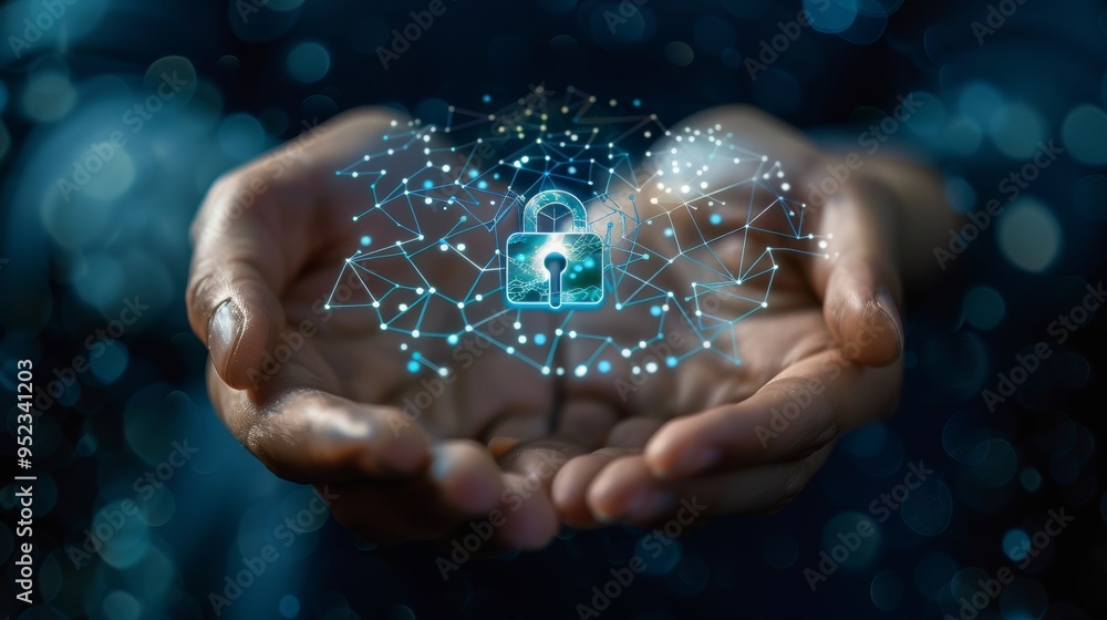 Poster hands holding a digital key above a network of connections, symbolizing access control and privacy