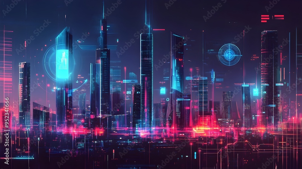 Poster futuristic fintech innovations sleek digital interfaces holographic currency transactions and blockc