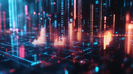 Fototapeta premium A futuristic financial graph with 3D bars and glowing data points, representing positive market trends and growth.