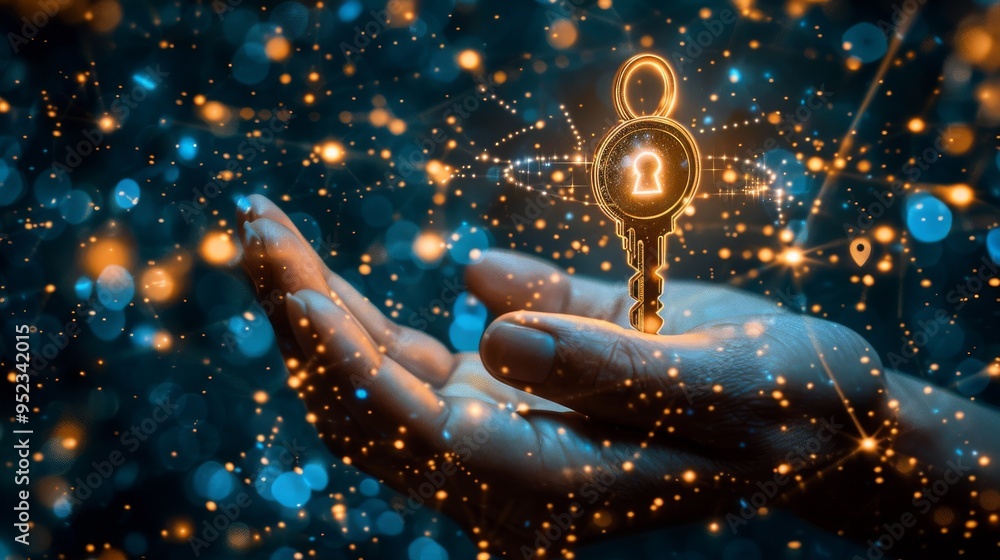 Poster hands holding a digital key above a network of connections, symbolizing access control and privacy