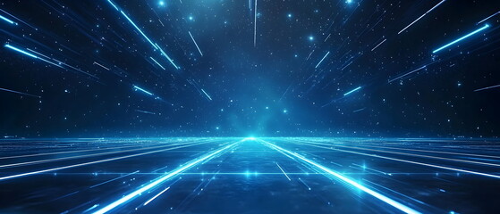 Fototapeta premium A futuristic blue runway, adorned with light streaks and stars, luxury scene design, perfect for award ceremonies and presentations, sparkling and dynamic