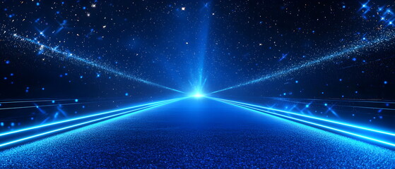 A futuristic blue runway, adorned with light streaks and stars, luxury scene design, perfect for award ceremonies and presentations, sparkling and dynamic