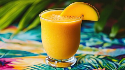 A glass of fresh mango juice with a slice of mango on the rim, placed on a vibrant, tropical tablecloth.