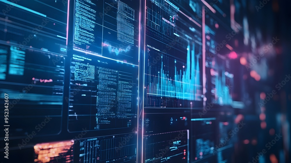 Poster cutting edge fintech innovations sleek data visualization dashboards futuristic analytical algorithm