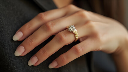 Hand wearing a ring gold with a diamond jewelry finger accessories
