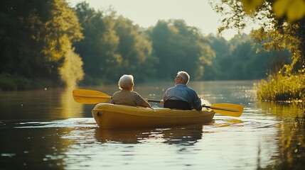 Lake relax and kayak with old couple nature and retirement with happiness weekend break and vacation Outdoor river or mature man with senior woman support or rowing with holiday or get : Generative AI - Powered by Adobe