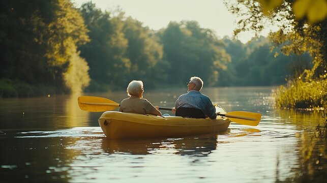 Lake relax and kayak with old couple nature and retirement with happiness weekend break and vacation Outdoor river or mature man with senior woman support or rowing with holiday or get : Generative AI