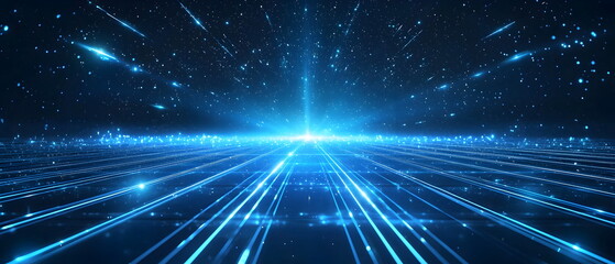 Obraz premium A futuristic blue runway, adorned with light streaks and stars, luxury scene design, perfect for award ceremonies and presentations, sparkling and dynamic