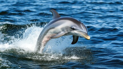 Obraz premium A lone dolphin leaping out of the sea, creating a splash against the backdrop of the open ocean.