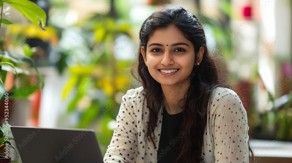 Poster cheerful and successful indian woman programmer at work inside modern office tech support worker wit