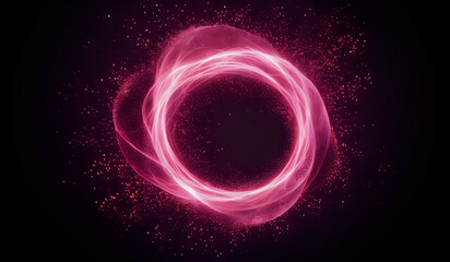 Obraz premium A ring of pink neon energy waves on a dark background with magical sparks