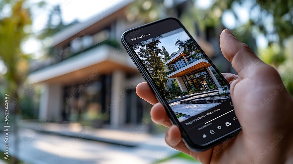 Aufkleber real estate app on phone display in man hand property listings for an effortless home search experie