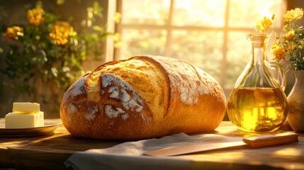 A freshly baked loaf of rustic bread sits on a wooden kitchen table, surrounded by butter, a glass jar of olive oil, and flowers in a sunlit room, perfect for food blogs or culinary publications,