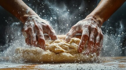 Hands covered in flour kneading dough on a wooden surface with flour particles in the air, perfect for baking-themed content, culinary blogs, or advertisement for baking products,