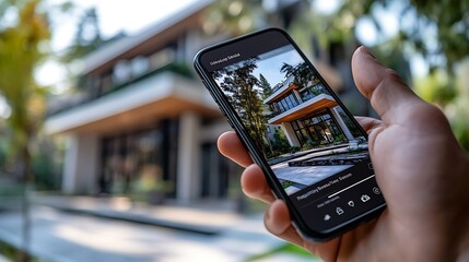 Real estate app on phone display in man hand Property listings for an effortless home search experience : Generative AI