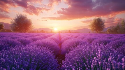 Sunset over a peaceful lavender field with golden light