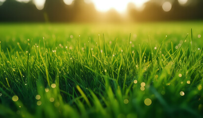 Fototapeta premium Lush green grass on meadow with drops of water dew in morning