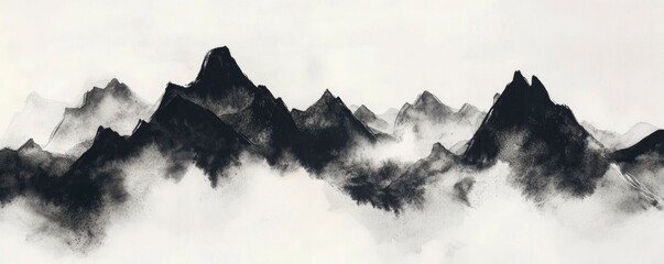 A brushed ink and black and white artwork of a mountain range