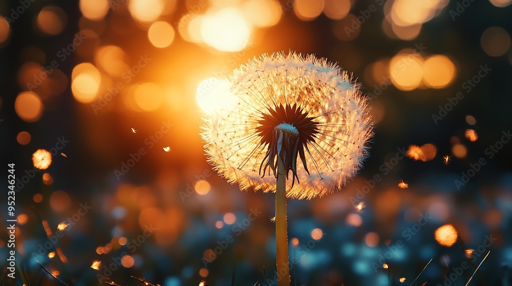 Leinwandbilder Big white dandelion in a forest at sunset Macro image shallow depth of field Abstract summer nature background : Generative AI