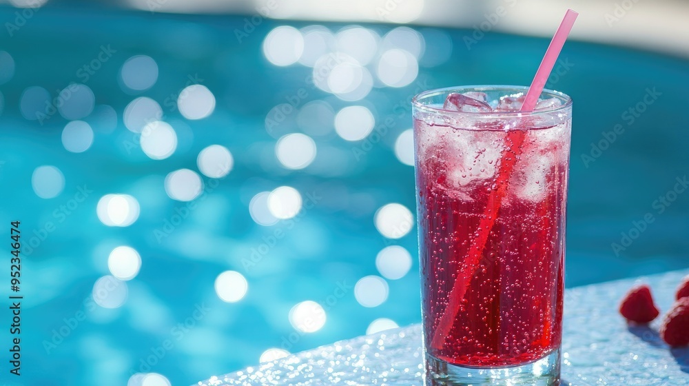 Poster a refreshing summer drink of iced raspberry juice with a straw, placed on a poolside table.