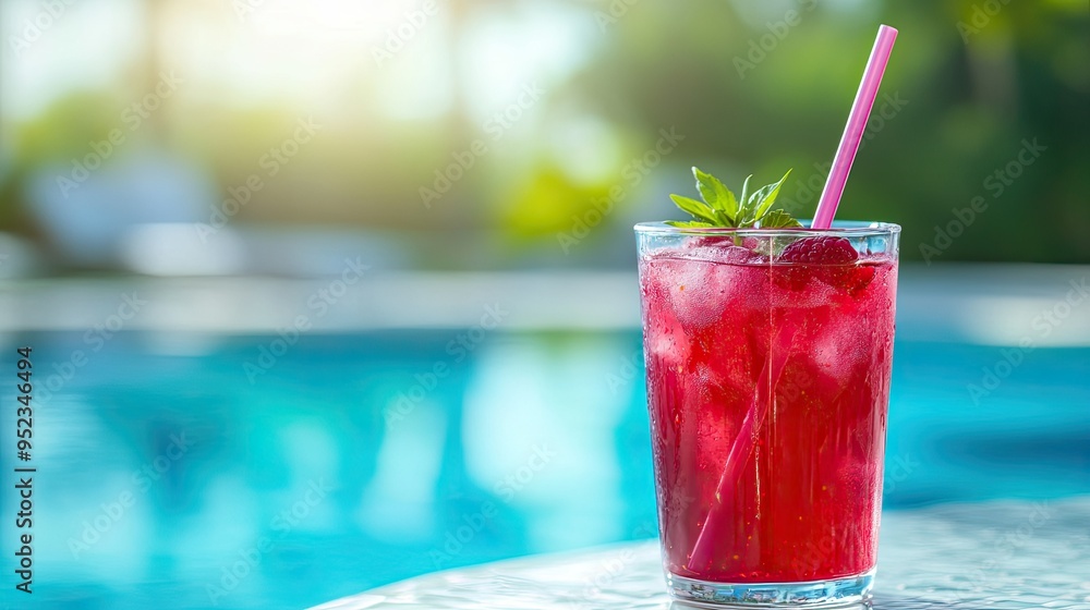 Poster a refreshing summer drink of iced raspberry juice with a straw, placed on a poolside table