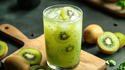 A refreshing kiwi juice in a glass with ice cubes, surrounded by sliced kiwis and a cutting board.