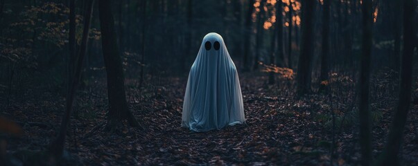A ghost in a pitch-black forest, eerie figure posing