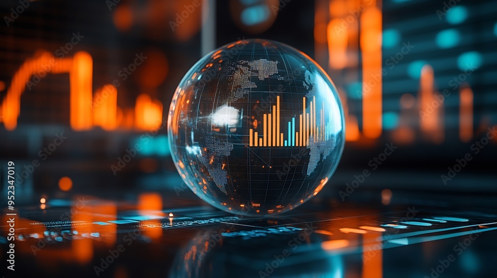 Poster Glass globe with graphs and data in background : Generative AI