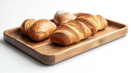 Small serving wooden tray with empty space for bakery or other snacks side view image on white background the clipping path around the wooden tray in the file : Generative AI